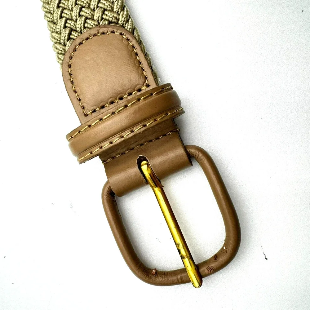 Men's XL Tan‎ Braided Woven Stretch Golf Belt Leather End Pieces Casual Preppy